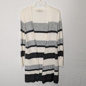 Women's "LOFT" Cream & Gray Striped, Lightweight, Long Open Cardigan; Size S